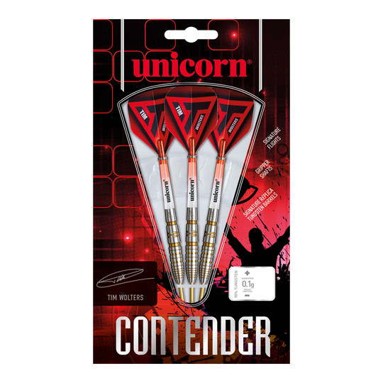 Das Bild zeigt eine Packung Unicorn Contender Tim Wolters Steeldarts mit einem Gewicht von 24g. Die Darts haben rote Flights und silber-goldene Griffe.