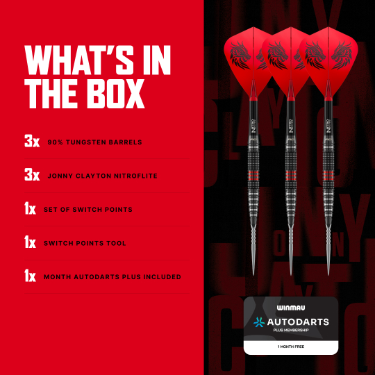 Red Dragon Jonny Clayton RD-PRO Switch Point Steeldarts Die Aufnahme zeigt Red Dragon Jonny Clayton RD-PRO Switch Point Steeldarts aus einer anderen Perspektive. Die feine Struktur und Form der Darts ist erkennbar.