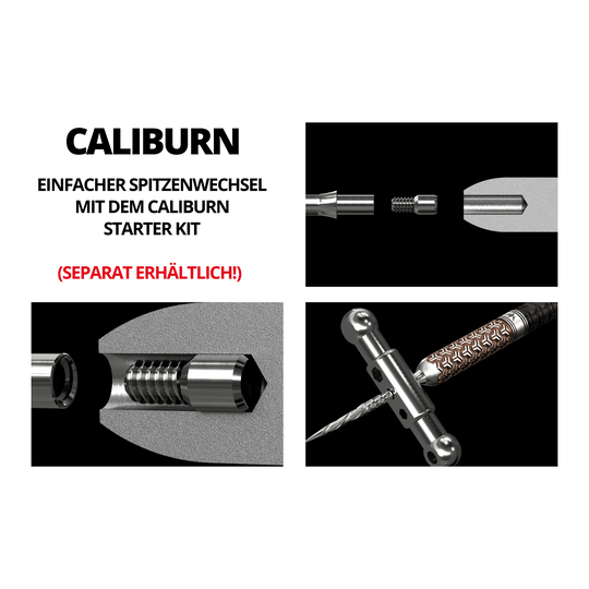Das Bild zeigt verschiedene Detailansichten eines austauschbaren Steeldartspitzensystems. In mehreren Abbildungen werden die einzelnen Komponenten und der Zusammenbau des Systems dargestellt.