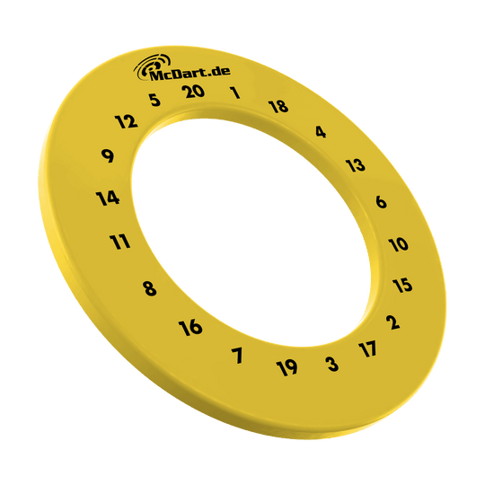 McDart HD Zahlen Surround Das Bild zeigt das Produkt mit dem Dateinamen MSF-E7_McDart_HD_Zahlen_Surround_Gelb_1. Es handelt sich um einen gelben Dartboard-Surround mit HD-Zahlen.