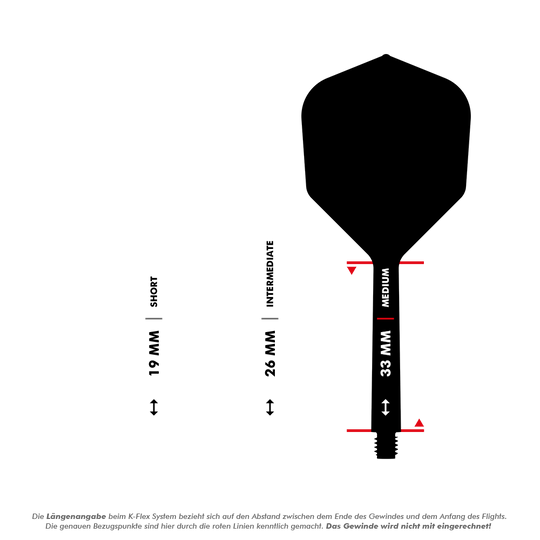 Target Japan K-Flex Original Logo Red Black No6 Flight-Shaft-System Das Bild zeigt drei verschiedene Längen von Dart-Schäften: 19 mm (kurz), 26 mm (mittel) und 33 mm (lang). Die Längenangaben beziehen sich auf den Abstand zwischen dem Ende des Gewindes und dem Anfang des Flights.