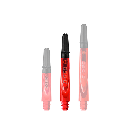 Auf dem Bild sind drei rote und schwarze Dartschäfte in verschiedenen Längen zu sehen. Sie tragen die Aufschrift "C-360" und haben ein modernes, glänzendes Design.