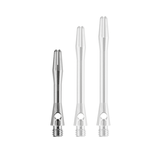 Das Bild zeigt drei silberfarbene Dartschäfte in unterschiedlicher Länge. Es handelt sich um die „Harrows Keramic Shafts - Gun Metal“.