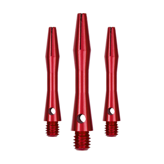 Auf dem Bild sind drei rote Aluminiumschäfte zu sehen. Sie haben ein schlankes Design und sind jeweils mit einem Gewinde am unteren Ende versehen.