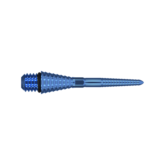Das Bild zeigt eine blaue, gerillte Dartspitze aus Metall. Sie hat ein konisches Design mit Schraubgewinde am Ende.