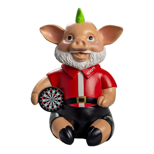 Sport1 Grinch Phrasenschwein Das Bild zeigt eine lustige Figur eines Schweins mit grünem Haarbüschel, Bart und rotem Sport1-Hemd. In der Hand hält das Schwein eine kleine Dartscheibe.