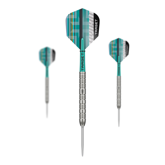 Target Hydro 02 Swiss Point Steeldarts Das Foto zeigt ein Set der Target Hydro 02 Swiss Point Steeldarts. Die verschiedenen Teile des Sets sind gut erkennbar.
