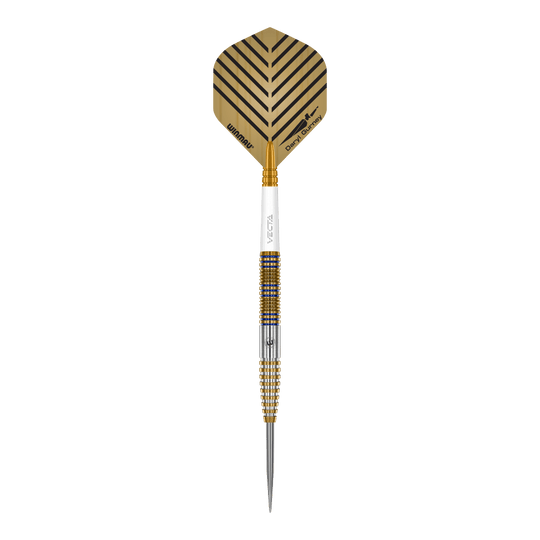 Zu sehen sind die Winmau Daryl Gurney Signature Edition Steeldarts mit einem Gewicht von 23g. Das Produkt wird aus nächster Nähe gezeigt.