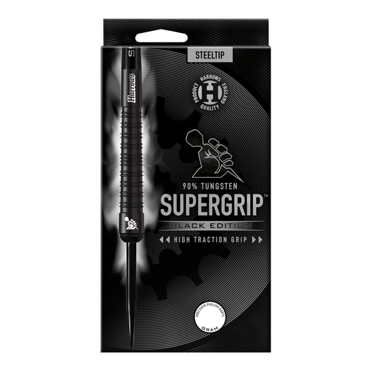 Harrows Supergrip Black-Edition Steeldarts Das Bild zeigt die Verpackung der "Harrows Supergrip Black-Edition Steeldarts". Die Verpackung ist schwarz gehalten und hebt die hohe Griffigkeit sowie einen 90%igen Tungsten-Anteil hervor.