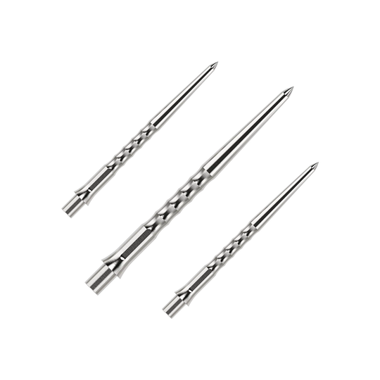 Caliburn System Steeldartspitzen - Ripple - NoLip - Silber Das Bild präsentiert ein Produkt namens EVO012_Caliburn_Evo_System_Steeldartspitzen_Ripple_NoLip_Silber_32mm_1Set. Vermutlich ist es ein Set aus Steeldartspitzen, silberfarben und 32mm lang.