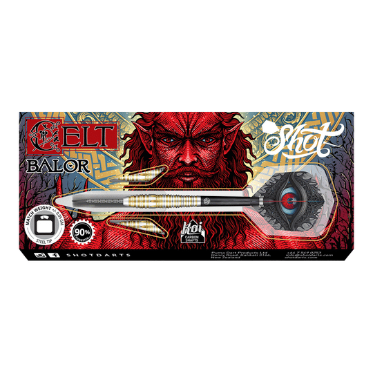 Shot Celt Balor Steeldarts Das Bild zeigt die Verpackung der "Shot Celt Balor Steeldarts". Im Hintergrund ist ein auffälliges, rotes Fantasy-Gesicht und kunstvolles Design zu sehen.