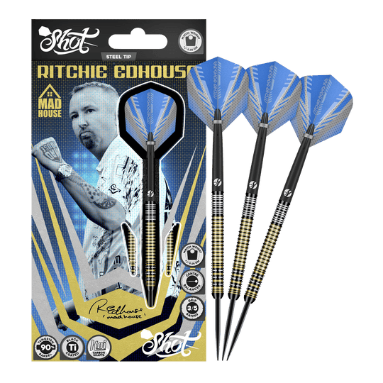 Shot Ritchie Edhouse Madhouse Steeldarts Das Bild zeigt die Shot Ritchie Edhouse Madhouse Steeldarts in voller Ansicht. Diese Darts zeichnen sich durch ihr einzigartiges Design aus.