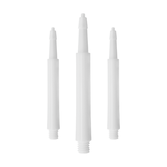 Das Bild zeigt drei weiße Harrows Clic Standard Shafts für Darts. Sie sind aus Kunststoff gefertigt und haben am unteren Ende ein Gewinde.
