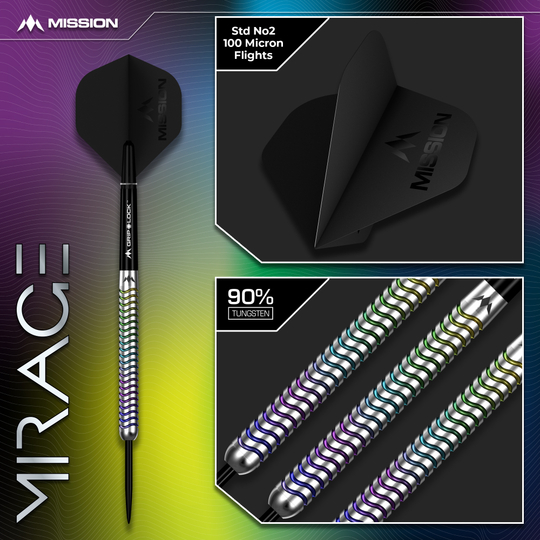 Mission Mirage Steeldarts Mission Mirage Steeldarts sind präzise gefertigte Steeldarts. Das Foto zeigt das Produkt in Detailansicht.
