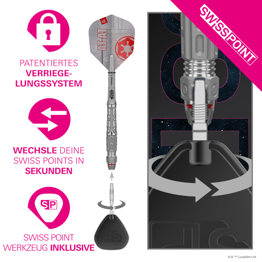 Target Star Wars AT-AT Swiss Point Steeldarts Hier sind die Target Star Wars AT-AT Swiss Point Steeldarts abgebildet. Die Darts haben ein einzigartiges Design aus dem Star Wars Universum.