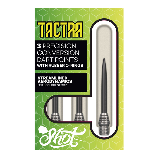 Shot Tactra Conversion Points - 34 mm Hier sieht man die Shot Tactra Conversion Points - 34 mm. Sie bieten eine praktische Lösung für Dartspieler, die flexibel wechseln möchten.
