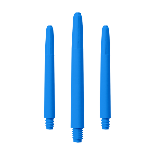 Das Bild zeigt drei blaue Nylon-Schäfte. Sie sind nebeneinander angeordnet und haben ein Schraubgewinde am unteren Ende.
