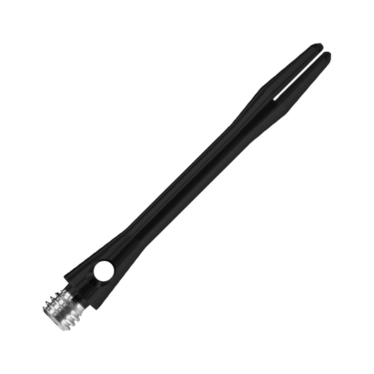 HR367_Harrows_Keramic_Shafts_Schwarz_41mm_2 Das Bild zeigt einen Harrows Keramic Shaft in mattem Schwarz. Der Schaft hat ein schlankes Design mit einem silbernen Gewinde am unteren Ende.