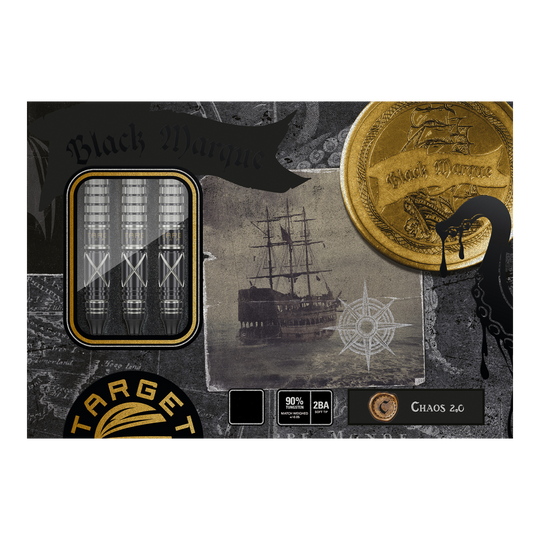 Target Japan Black Marque Chaos 2 Softdarts - 19g Das Bild zeigt die Verpackung der "Target Japan Black Marque Chaos 2 Softdarts - 19g". Auf der Verpackung sind drei Darts, ein altes Segelschiff und ein goldener Münzaufdruck zu sehen.