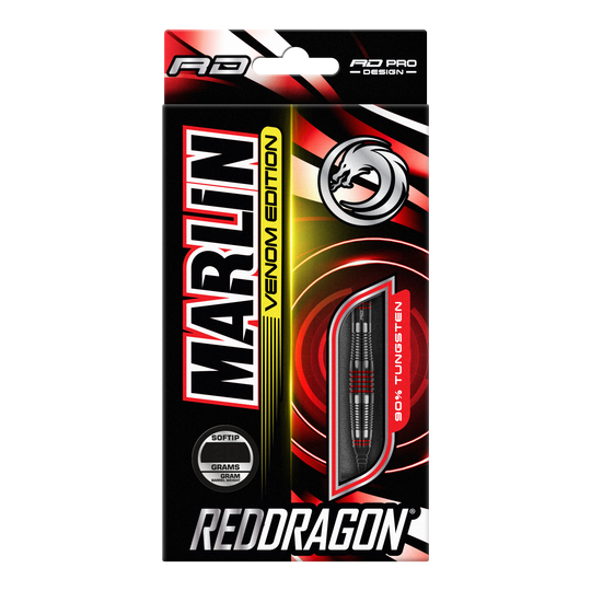 Red Dragon Marlin Venom Softdarts - 22g Die Abbildung zeigt die Verpackung der "Red Dragon Marlin Venom Softdarts - 22g". Die Verpackung ist schwarz-rot gestaltet und hebt die Darts mit 90% Tungsten-Anteil hervor.