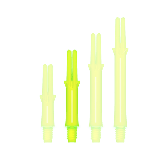 Das Bild zeigt vier gerade, neon-gelbe Schäfte für Darts in unterschiedlichen Längen. Sie sind aus Kunststoff und haben ein Schraubgewinde am unteren Ende.