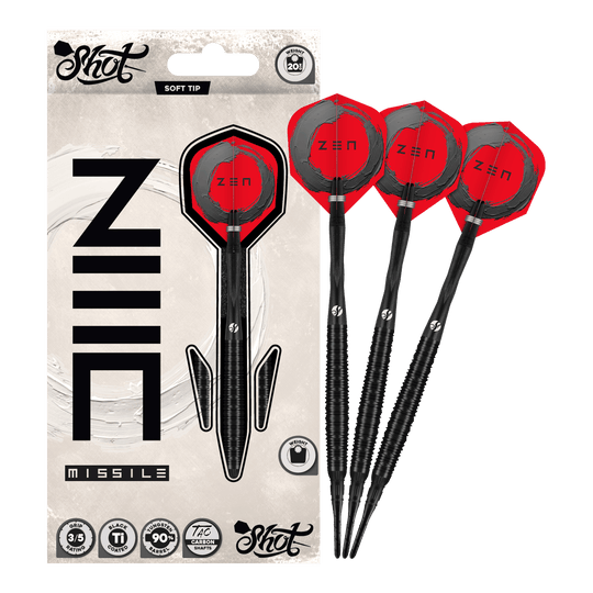 Shot ZEN Missile Softdarts - 20g Auf dem Bild ist der vollständige Satz der Shot ZEN Missile Softdarts - 20g zu sehen. Diese Pfeile sind für anspruchsvolle Dartspieler konzipiert.