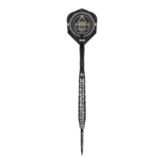 Zu sehen sind die Shot Alchemy Runstel Steeldarts. Die Darts sind speziell für präzises Werfen konzipiert.