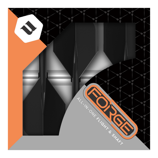 Das Bild zeigt die Verpackung der „Unicorn Forge All In One Plus No2 Standard Flights Schwarz - Medium“. In der Packung sind schwarze Dart-Flights und -Shafts zusammen als Set zu sehen.