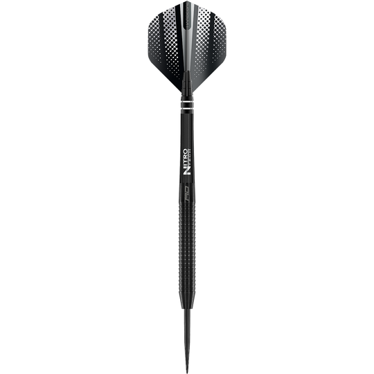 Red Dragon Razor Edge Black Steeldarts Das Bild zeigt einen schwarzen Steeldart mit dem Namen "Red Dragon Razor Edge". Der Dart hat ein modernes Design mit geriffeltem Griff und schwarzer Spitze.