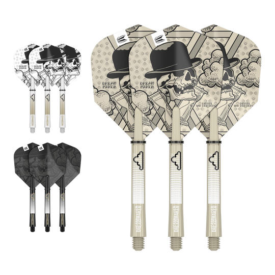 Auf dem Bild sind drei Dartflights mit Schädel- und Hutdesign sowie der Aufschrift "Dream Maker" zu sehen. Zusätzlich gibt es zwei weitere Sätze Flights in verschiedenen Farben, jeweils mit passenden Shafts.