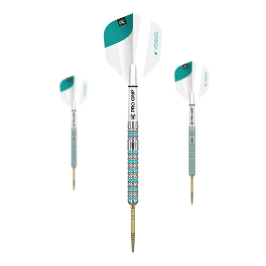 Target Rob Cross GEN2 Swiss Point Steeldarts Das Bild zeigt drei Target Rob Cross GEN2 Swiss Point Steeldarts. Die Darts haben silberne und türkisfarbene Details sowie weiße Flights mit PRO GRIP Schäften.