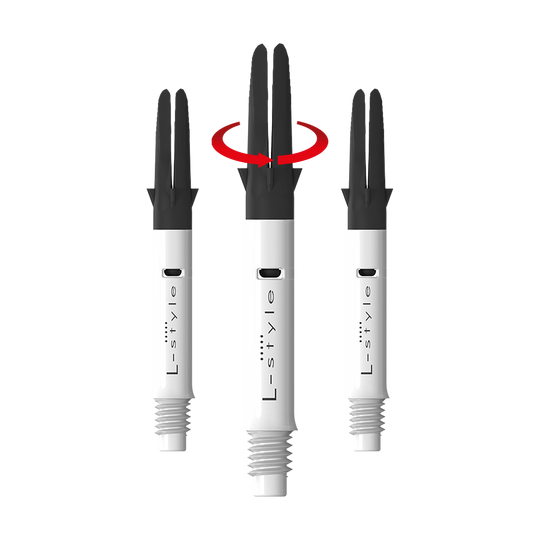 L-Style L-Shaft Carbon Silent Straight - Weiß 260 Auf dem Bild sind drei weiße L-Style Dartschäfte mit schwarzem oberen Teil zu sehen. In der Mitte zeigt ein roter Pfeil, dass sich der obere Teil des Schafts drehen kann.