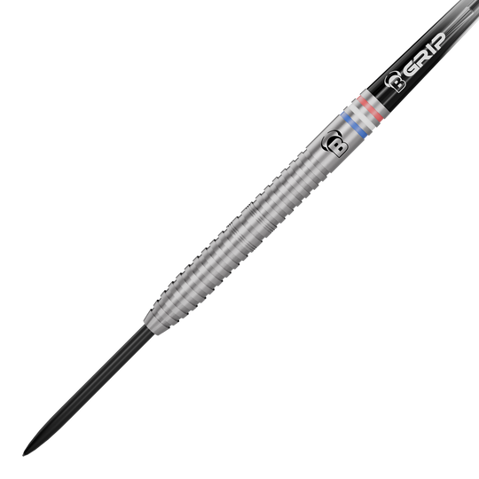Hier sieht man die Bulls Challenger Kendji Steinbach Steeldarts mit 23g Gewicht. Die Darts sind aus robustem Material gefertigt und für Wettkämpfe geeignet.