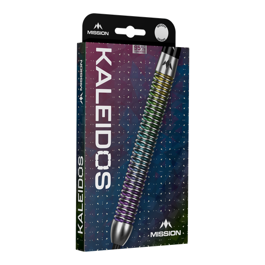 Mission Kaleidos Steeldarts Mission Kaleidos Steeldarts sind auf diesem Bild dargestellt. Die Pfeile überzeugen durch eine bunte Optik und stabile Verarbeitung.