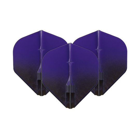 Auf dem Bild sind drei Dart-Flights zu sehen. Sie sind in den Farben Schwarz und Lila gestaltet.