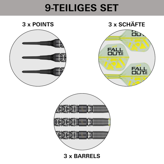 Target Luke Littler Nuke Fallout Softdarts - 19g Zu sehen ist das Produkt Target Luke Littler Nuke Fallout Softdarts - 19g. Die Aufnahme zeigt Details des Softdarts.
