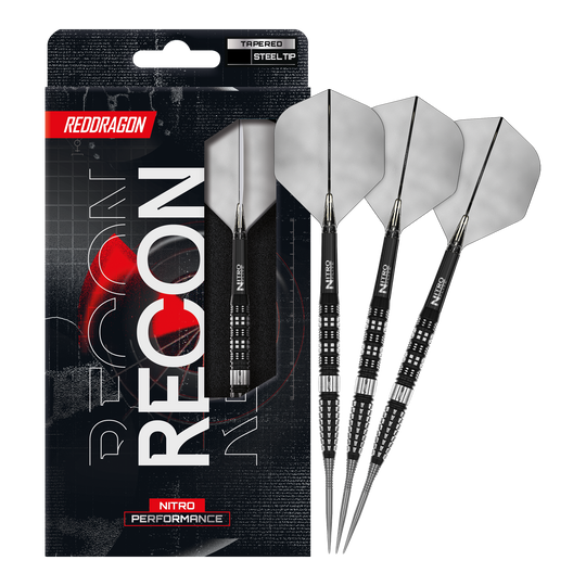 Red Dragon Recon Tapered Steeldarts Red Dragon Recon Tapered Steeldarts. Das vollständige Set der Steeldarts wird auf dem Bild präsentiert.
