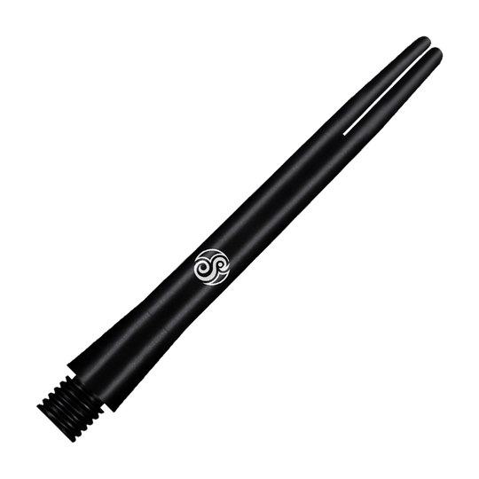 Dies ist ein schwarzer Shot Aluminium Schaft. Er hat ein schlankes Design mit einem weißen Logo in der Mitte.