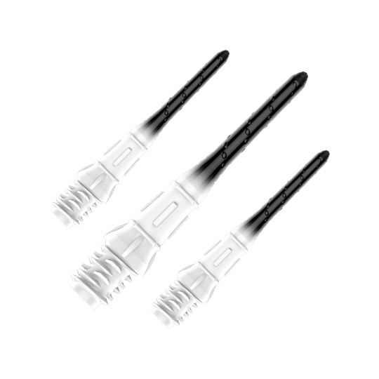 L-Style Premium Lippoint Gradiation Dartspitzen (30er Pack) Das Bild zeigt drei Dartspitzen mit einem Farbverlauf von Weiß zu Schwarz. Die Spitzen haben ein modernes und stylisches Design.