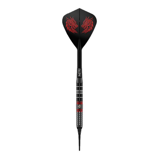 Red Dragon Jonny Clayton RD-ULTRA Softdarts - 18g Dieses Bild zeigt einen einzelnen Red Dragon Jonny Clayton RD-ULTRA Softdart mit 18g. Zu sehen sind silberne, schwarze und rote Elemente sowie ein auffälliger Flight.