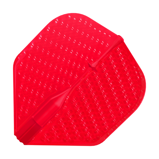 Das Bild zeigt ein rotes Dart-Flügelchen mit einer dimpled Oberfläche. Es hat eine leicht glänzende Textur und eine klassische Form.