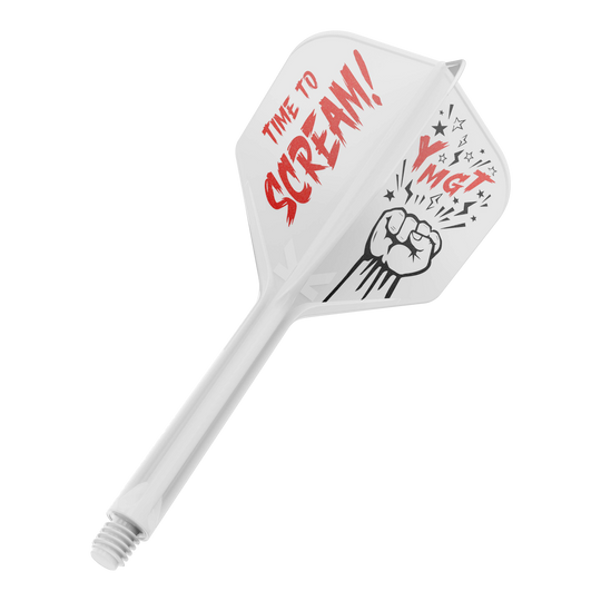 Auf dem Bild ist ein weißes Dartflight mit einem dazugehörigen Schaft zu sehen. Auf dem Flight steht in roten Buchstaben "TIME TO SCREAM!" und daneben ist eine Faust mit Sternen abgebildet.