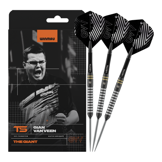 Abgebildet ist Winmau Gian Van Veen TS Switch Point Steeldarts. Die Darts sind vollständig nebeneinander dargestellt.