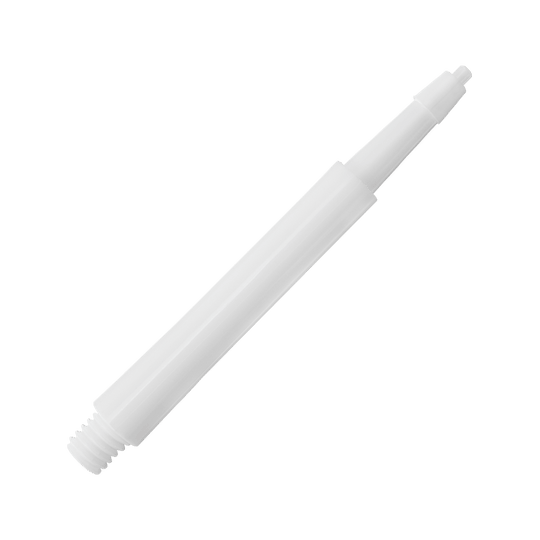 Das Bild zeigt einen weißen Harrows Clic Standard Shaft für Darts. Er ist aus Kunststoff gefertigt und hat ein Schraubgewinde am Ende.