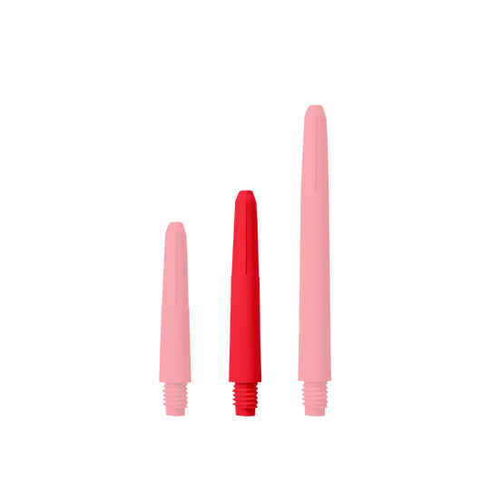 Das Bild zeigt drei rote Nylon-Schäfte in unterschiedlichen Längen. Sie stehen nebeneinander auf weißem Hintergrund.