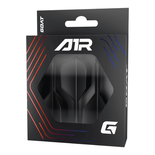 GOAT A1R No6 Flight-Shaft-System - Schwarz Die Abbildung zeigt die Verpackung des Produkts „GOAT A1R No6 Flight-Shaft-System - Schwarz“. In der schwarzen Schachtel sind Flights und Shafts für Dartpfeile sichtbar.