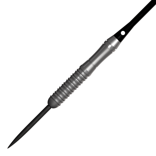 Bulls NL Lightning Pink Steeldarts Das Bild zeigt einen silbernen Steeldartpfeil mit einem geriffelten Griff. Es handelt sich um das Produkt "Bulls NL Lightning Pink Steeldarts".