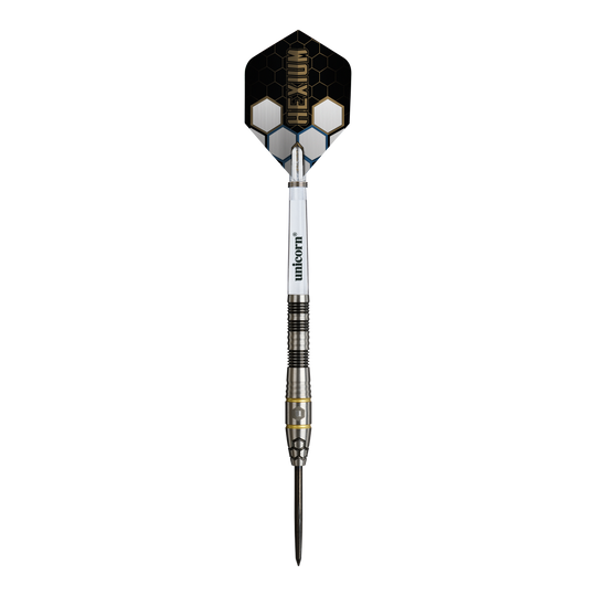 Unicorn Hexium Style 01 Black & Gold Steeldarts Dieses Bild zeigt die Unicorn Hexium Style 01 Black & Gold Steeldarts. Die Steeldarts sind in den Farben Schwarz und Gold gestaltet.
