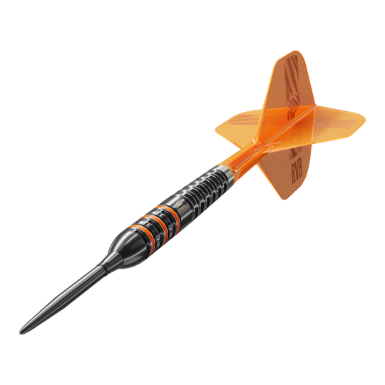 Gezeigt werden die Target Raymond Van Barneveld 95K Swiss Points Steeldarts. Der Dartpfeil ist mit speziellen Swiss Points ausgestattet.