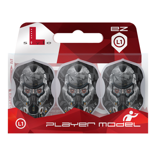 Die Abbildung zeigt die "L-Style Berry Van Peer V4 Type D Clear White L1EZ Flights" in einer Verpackung mit drei Flights. Das Design auf den Flights zeigt ein futuristisch wirkendes Masken- oder Helmmotiv in Grau und Schwarz.